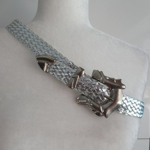 Braided Woven Leather Belt Silver Tone Hardware in Silver Color Size Small - Picture 2 of 9